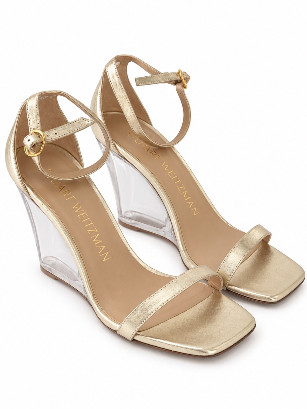 STUART WEITZMAN Gold Lucite Wedge Sandals
